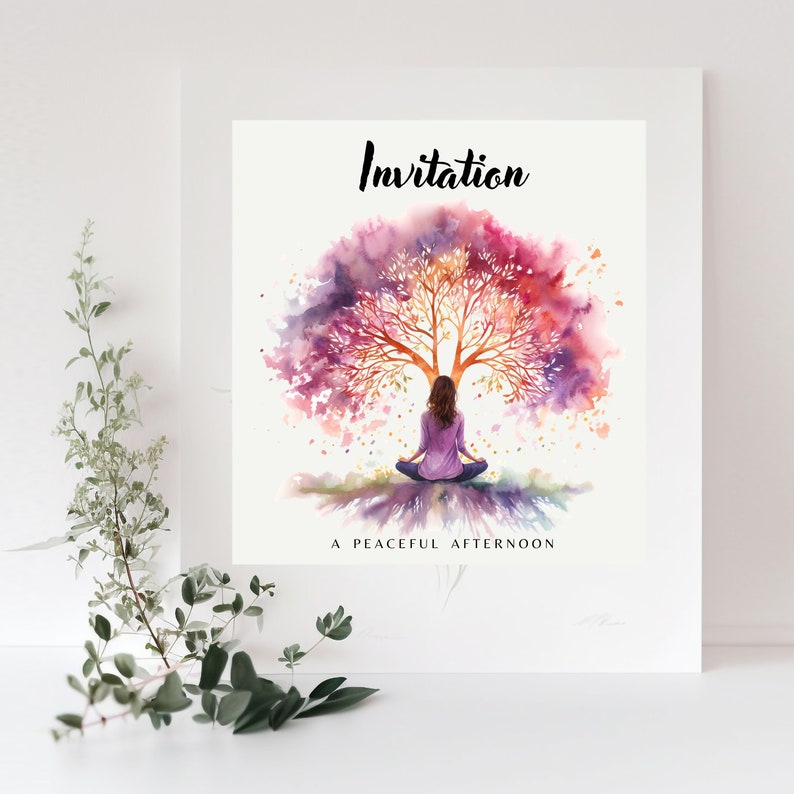 May include: Watercolor painting of a person sitting in meditation under a tree with pink, purple, and orange leaves. The text "Invitation" and "A Peaceful Afternoon" are below the image.