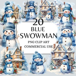 Blue Snowman Clipart Winter Holiday PNG Clipart - Blue Christmas Watercolor bundle clip art Xmas  Blue Christmas Sticker Clipart Bundle