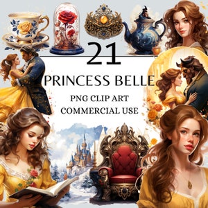 Prinzessin Belle Clipart-Paket, PNG-Clipart mit vollständiger kommerzieller Nutzung und sofortigem Download, Kinder-Fantasy-Märchen-Prinzessin-Biest-Clipart