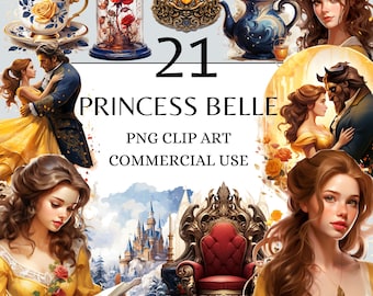 Puede incluir: Una ilustración digital de Bella de La Bella y la Bestia de Disney. La imagen incluye 21 imágenes de clipart PNG para uso comercial. Las imágenes incluyen Bella, la Bestia, Gastón, la Sra. Potts, Chip, Lumière, Din Don, y más.