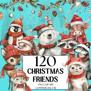 Polar Animals with Santa Hats Clipart - Festive Christmas Woodland Animals - Cute Animals -Christmas Clipart - COMMERCIAL LICENSE INCLUDED