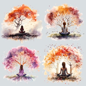 May include: Four watercolor paintings of a person meditating in a yoga pose under a tree. Each painting features a different color palette and style of tree.