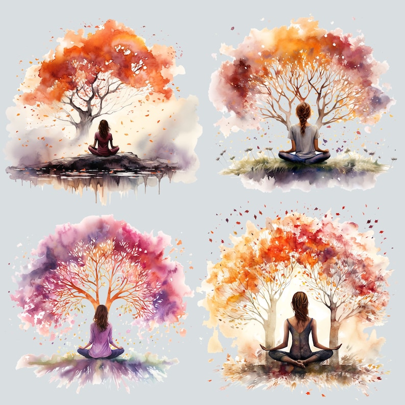 May include: Four watercolor paintings of a person meditating in a yoga pose under a tree. Each painting features a different color palette and style of tree.