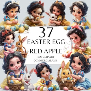 Huevo de Pascua Bebé Princesa Clipart, Princesa Manzana Roja PNG, Princesa de Cuento de Hadas Clipart Uso Comercial Descarga Digital, Princesa Conejito Lindo
