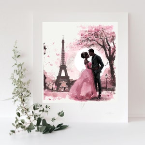 May include: A watercolor painting of a couple kissing in front of the Eiffel Tower in Paris. The couple is silhouetted against a pink and white background with cherry blossoms.