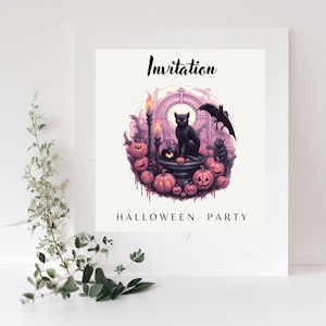 May include: A Halloween party invitation with a black cat sitting on a cauldron surrounded by pumpkins and candles. The text "Invitation" and "Halloween Party" is printed on the card.