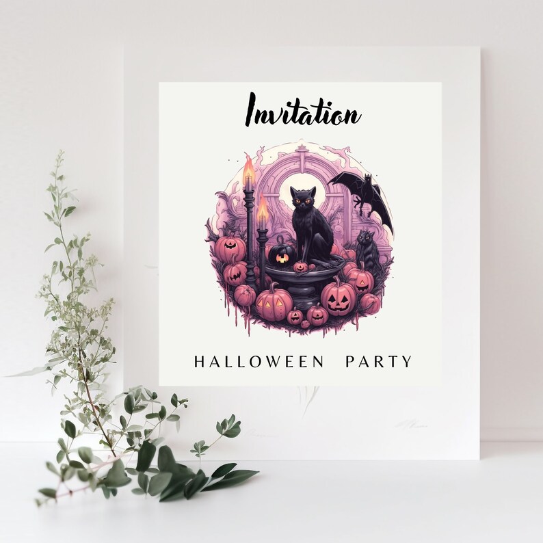 May include: A Halloween party invitation with a black cat sitting on a cauldron surrounded by pumpkins and candles. The text "Invitation" and "Halloween Party" is printed on the card.