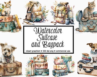 Suitcases Clipart Backpack clipart Travel clipart Backpacker Traveler PNG Watercolor Suitcases Backpacks Clipart Adventure PNG
