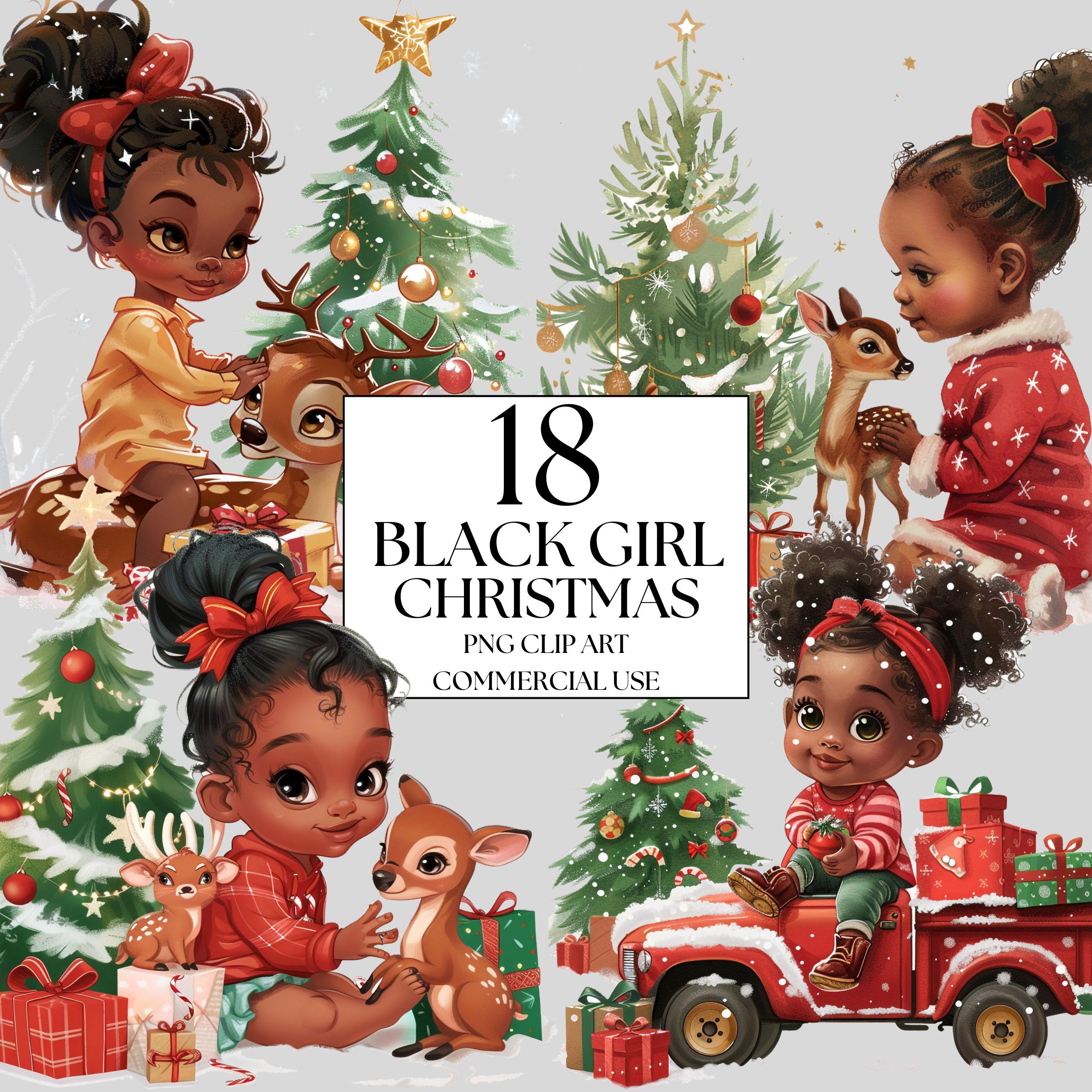 Ensemble d'illustrations de petites filles noires et renne de noel, cliparts d'hiver pour tous vos projets créatifs, usage commercial inclus
