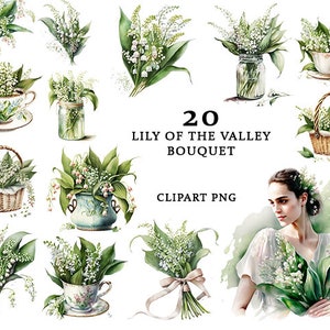 Watercolor Lilly of the Valley Clipart, Flower Arrangement Set of 20 PNG Files, Commercial Use, Digital Download, Spring Flowers Clipart,