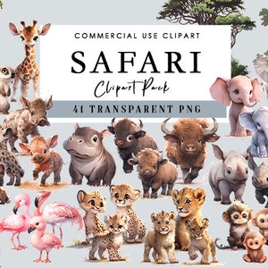 Safari Animals PNG Safari Clipart Baby Safari Animal Clipart Watercolor Zebra Giraffe Lion Cheetah Monkey Rhino Hippo Buffalo Elephant