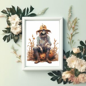 May include: A scarecrow wearing a blue shirt and a hat with a jack-o'-lantern face sits on a pile of pumpkins in a field of tall grass.