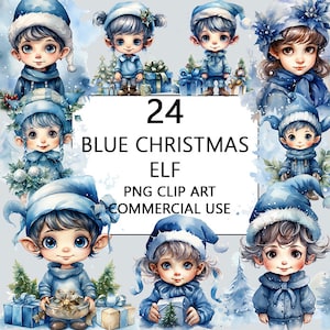Christmas Elf Clipart Winter Holiday PNG Clipart - Blue Christmas Watercolor bundle clip art Xmas  Blue Christmas Sticker Clipart Bundle