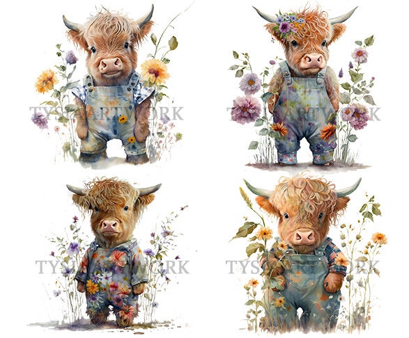 Highland Cow Illustrations Pack of 8 PNG for Digital Crafting - Etsy