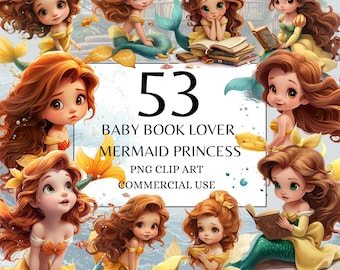 May include: Set of 53 digital illustrations of baby mermaid princesses reading books. The mermaids have long flowing hair and are wearing yellow and green dresses. The illustrations are in a cartoon style and are perfect for use in digital scrapbooking, card making, and other creative projects.