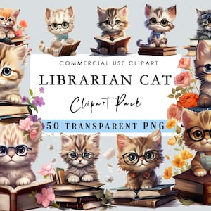 50 Cat Clipart Design Bundle Funny Cats PNG Cat Illustrations Books Cat Reading Digital Paper, Printable, Nursery Decor Kittens Clipart