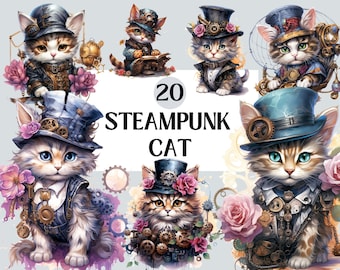 Steampunk Cat Bundle, PNG Steampunk Cliparts, Junk Journal, Scrapbooking, Mechanical Kitten, Clipart Bundle, Instant Download
