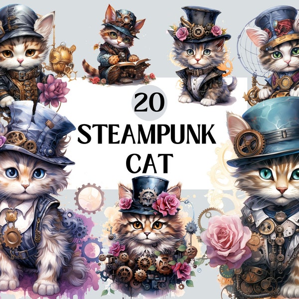 Steampunk Cat Bundle, PNG Steampunk Cliparts, Junk Journal, Scrapbooking, Mechanical Kitten, Clipart Bundle, Instant Download