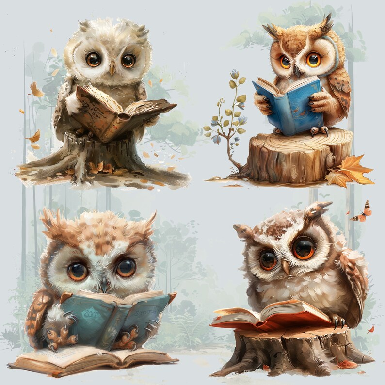 Skogsuggla Clipart, Uggla som läser Clipart, Förtrollad skog Clipart, Skogsdjur som läser Clipart, Baby Skogsdjur Clipart, Uggla PNG bild 2