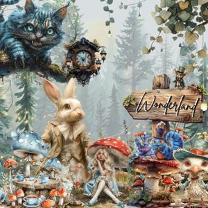 Alice Clipart Wonderland Clipart, PNG, Woodland Clipart Watercolor Fantasy Fairytale Clipart, with Instant Download, Dark Fantasy Clip Art image 2