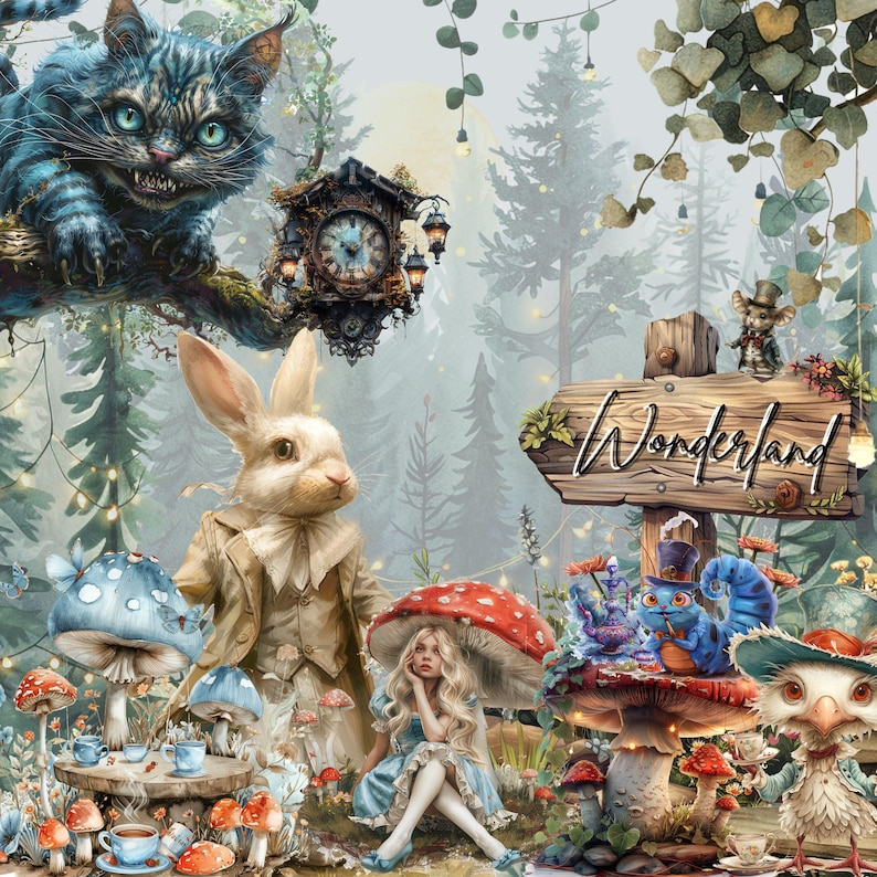 Alice Clipart Wonderland Clipart, PNG, Woodland Clipart Watercolor Fantasy Fairytale Clipart, with Instant Download, Dark Fantasy Clip Art image 2