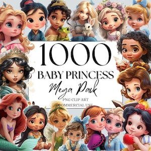 MegaPack de 1000 imágenes prediseñadas de princesas bebés PNG, imágenes prediseñadas de cuentos de hadas de fantasía en acuarela, para descarga digital, PNG de princesas de fantasía, princesas de hadas
