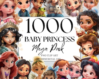 Baby Princess Clipart MegaPack of 1000 PNG, Watercolor Fantasy Fairytale Clipart, for Digital Download, Fantasy Princess PNG, Fairy Princess