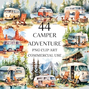 Aventura Campers Clipart, Acuarela Linda Caravana PNG Digital Clip Art, Paquete de imágenes prediseñadas de vacaciones, Ilustraciones de viajes de camping, Van PNG