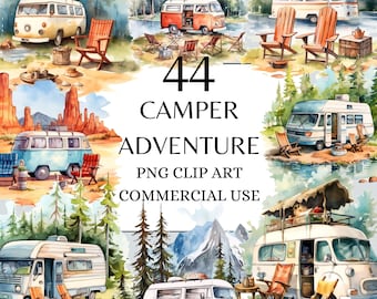 Adventure Campers Clipart, Watercolor Cute Caravan PNG Digital Clip Art, Vacation Clipart Bundle, Camping Travel Illustrations, Van PNG