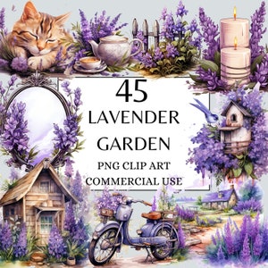 Lavendelblüten-Aquarell-Clipart-Bundle - 45 PNG Sommer-Lavendel-Glückseligkeitsfreuden, PNG, sofortiger digitaler Download, Lavendel-Garten-Clipart