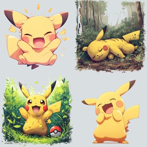 May include: Four illustrations of a yellow cartoon character with a lightning bolt tail. The character is in different poses, including sleeping, smiling, and standing. The illustrations are set against a white background.
