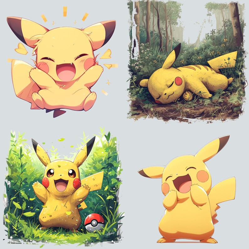 May include: Four illustrations of a yellow cartoon character with a lightning bolt tail. The character is in different poses, including sleeping, smiling, and standing. The illustrations are set against a white background.