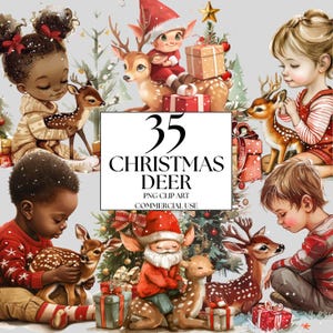 35 Christmas Children and Deer PNG Clipart Set, Christmas Deer, Watercolor Santa reindeer graphics Christmas Clipart, Christmas cards,