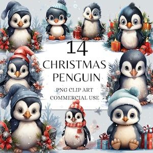 Christmas Penguin Clipart Winter Penguin, Watercolor Christmas PNG Cute Christmas Invitation with Instant Download, Transparent Background