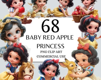 Baby Red Apple Princess Clipart Commercial Use Instant Download, Children&#39;s Fantasy Art, Baby Fairytale Princess Clipart