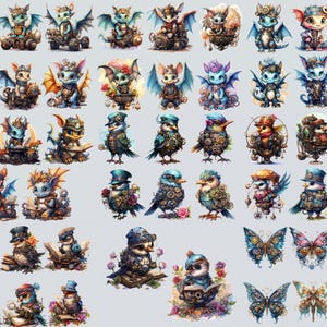 Pu&ograve; includere: Una collezione di 40 illustrazioni digitali che presentano creature stravaganti con elementi steampunk. Le illustrazioni includono draghi, uccelli, farfalle e altri esseri fantastici con ingranaggi, ruote dentate e altri dettagli meccanici. Le illustrazioni sono realizzate in uno stile colorato e dettagliato.
