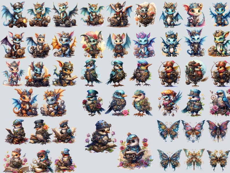 Pu&ograve; includere: Una collezione di 40 illustrazioni digitali che presentano creature stravaganti con elementi steampunk. Le illustrazioni includono draghi, uccelli, farfalle e altri esseri fantastici con ingranaggi, ruote dentate e altri dettagli meccanici. Le illustrazioni sono realizzate in uno stile colorato e dettagliato.