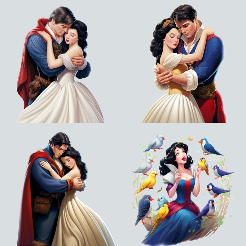 May include: Two couples in a romantic embrace, with the women wearing white dresses and the men in red and blue suits. The background is a light grey.