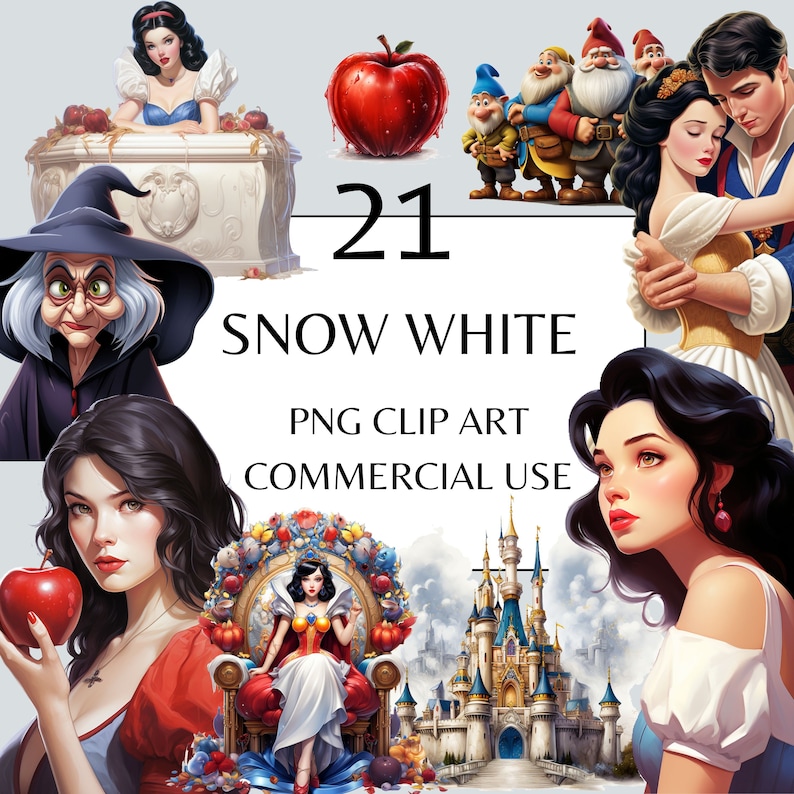 May include: A set of 21 Snow White themed digital clip art images for commercial use. The images include Snow White, the Evil Queen, the Seven Dwarfs, a castle, and a poisoned apple.
