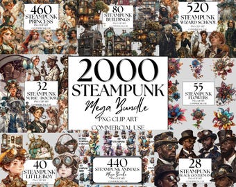 May include: A digital art bundle featuring 2000 steampunk-themed PNG clip art elements. Includes princesses, buildings, wizard school, nurses, doctors, little boys, animals, flowers, and black gentlemen. Commercial use is permitted.