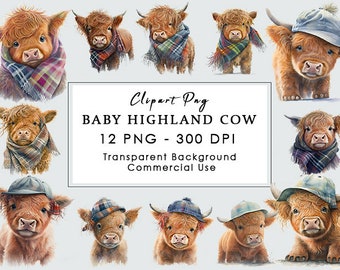 Cute Baby Highland Cow Illustrations Pack of 12 PNG for digital crafting and paper craft, Watercolor Baby Highland Cow Scarf and Hat Clipart