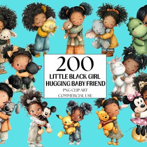 May include: A collection of watercolor illustrations featuring little Black girls hugging various baby friends, including stuffed animals and cartoon characters. The text reads "200 LITTLE BLACK GIRL HUGGING BABY FRIEND PNG CLIP ART COMMERCIAL USE."