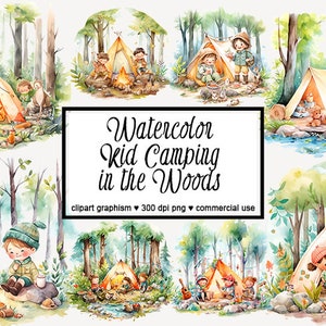 Kid Camping in the Woods Clipart Watercolor Kid Camping Clipart Camper Kids Clipart Forest Camping Clipart Wood Children Camping PNG