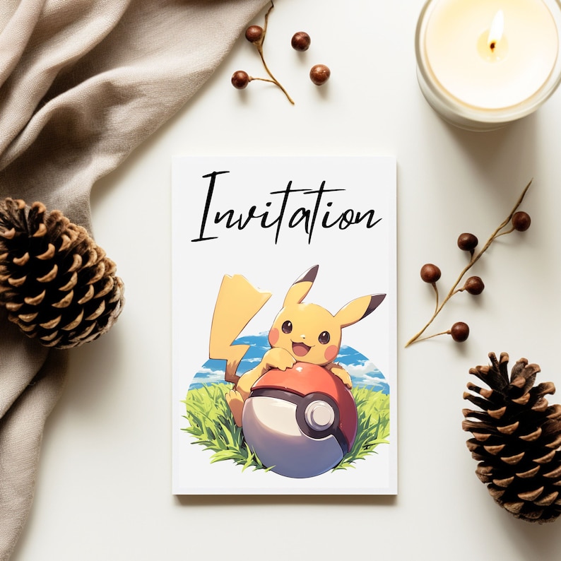 May include: A white card with the word "Invitation" printed in black. A cartoon image of Pikachu holding a Pokeball is on the card.