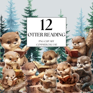 Otter Reading Clipart, Enchanted Forest Clipart, Woodland Otter Clipart, Baby Otter PNG, Magical Forest Clipart, Woodland Animals Reading