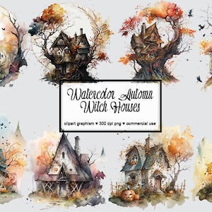 Watercolor Autumn Witch House Clipart, Fall Witch Cottage PNG Instant Download Commercial use Mystical Clipart Witch Bundle Cottage clipart