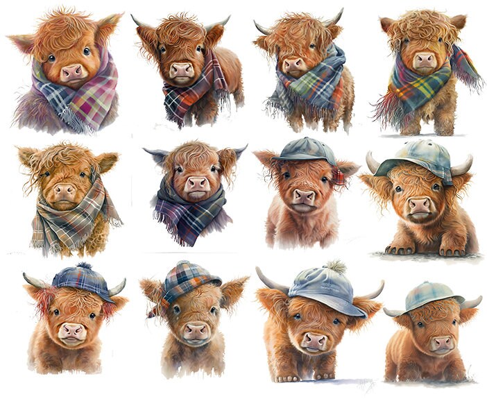 Cute Baby Highland Cow Illustrations Pack of 12 PNG for Digital ...