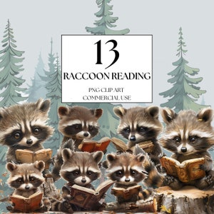 Woodland Raccoon Clipart, Enchanted Forest Clipart, Fairytale Raccoon Reading Clipart, Baby Raccoon PNG, Baby Woodland Nursery Clipart