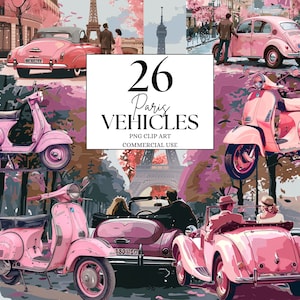 Imágenes prediseñadas de coches vintage rosas, imágenes prediseñadas de scooters vintage, imágenes prediseñadas de París rosa, PNG romántico de París, imágenes prediseñadas de la Torre Eiffel rosa vintage de París