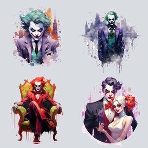 May include: Four digital illustrations of the Joker character from the Batman comics. The first image shows the Joker in a purple suit with a green shirt and a green tie. The second image shows the Joker in a purple suit with a green shirt and a green tie. The third image shows the Joker in a red suit with a white shirt and a red tie. The fourth image shows the Joker in a purple suit with a red shirt and a red tie.